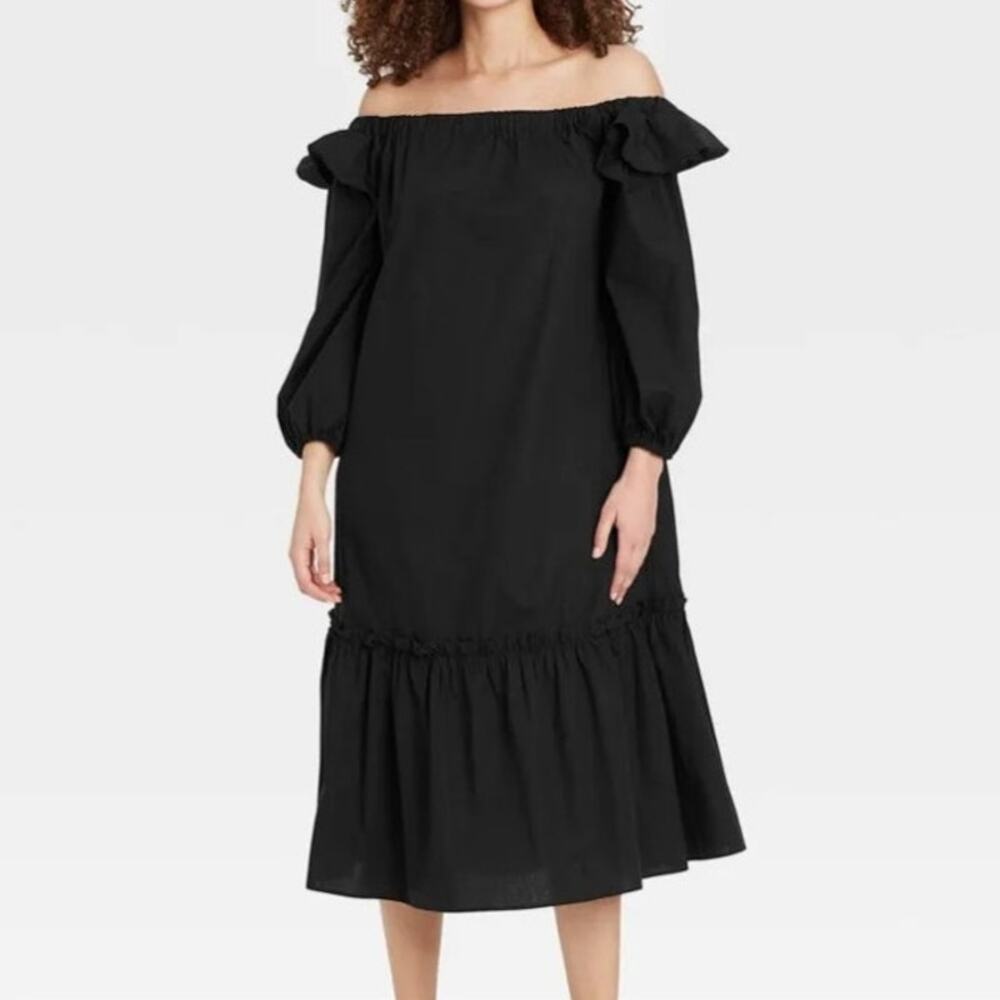 Who What Wear Balloon Long Sleeve Off Shoulder Black Midi Dress Cotton XS - Picture 1 of 7